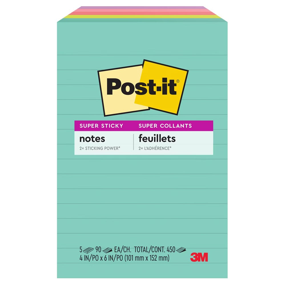 Post-it Super Sticky Notes 4x6in Supernova Neons Collection Lined 90 sheets per Pad - 5pads/1pk