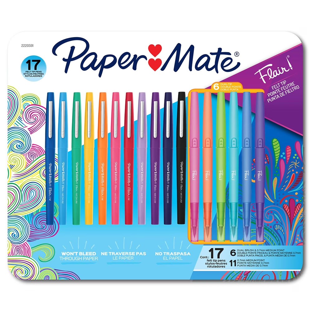 Paper Mate Flair Felt Tip Pens Medium and Dual Brush Tips Assorted Colors - 17ct/1pk