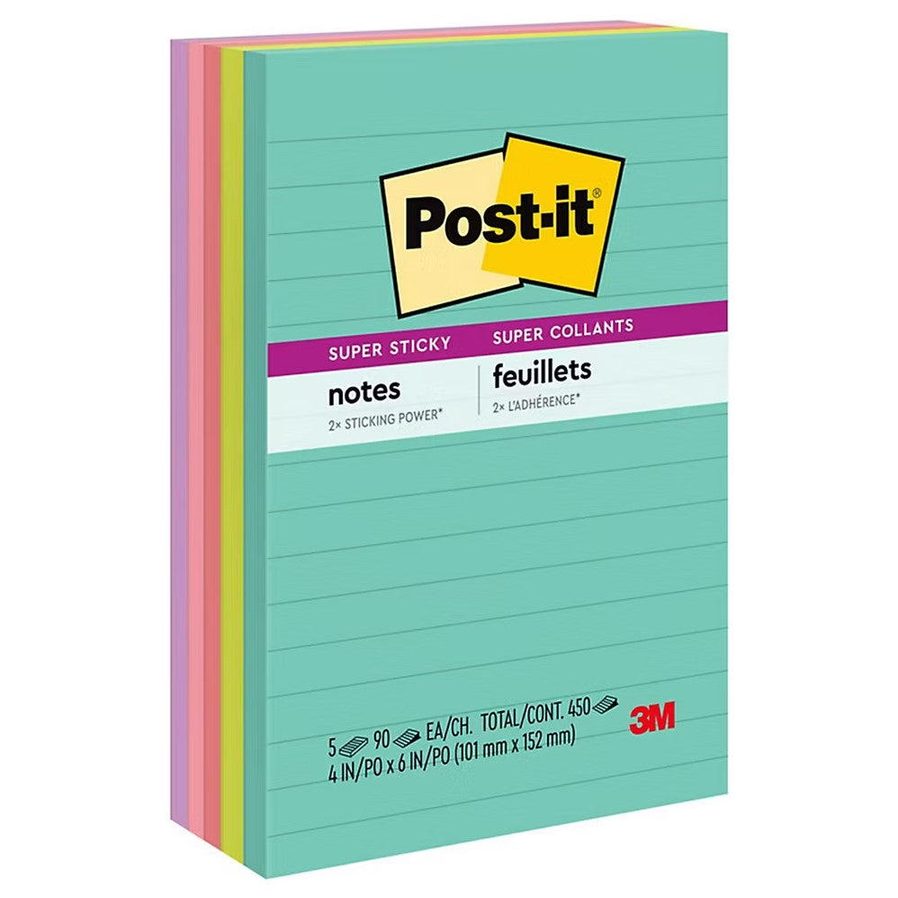 Post-it Super Sticky Notes 4x6in Supernova Neons Collection Lined 90 sheets per Pad - 5pads/1pk