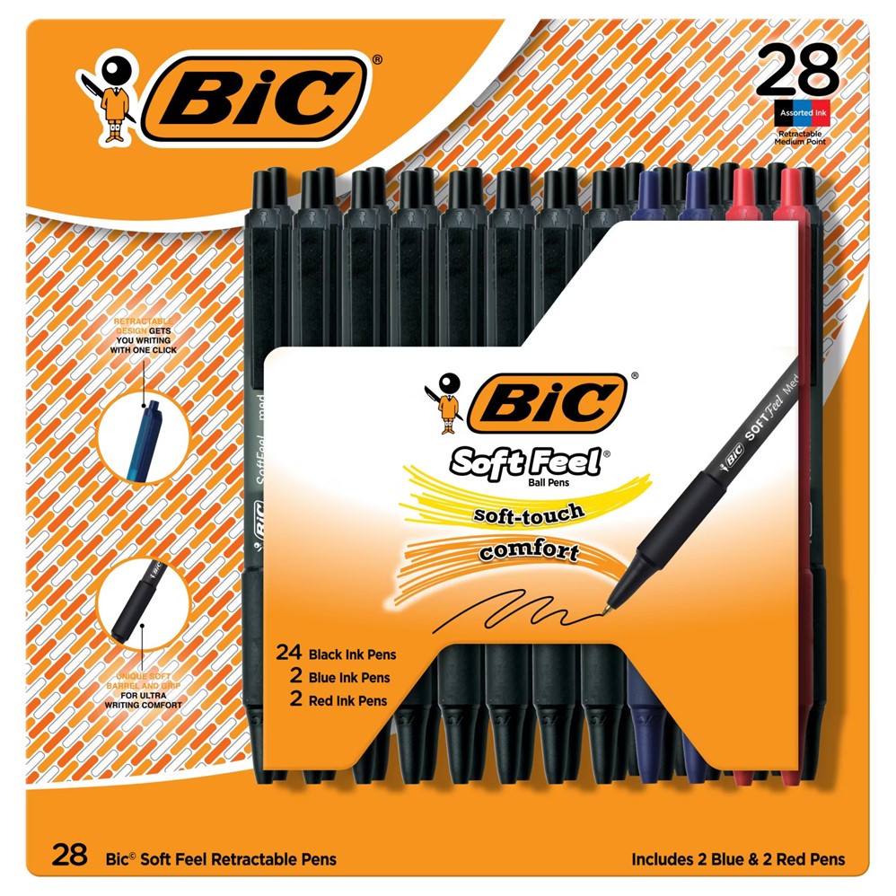 BIC Soft Feel Retractable Ballpoint Pens Medium Point Assorted Colors - 28ct/1pk