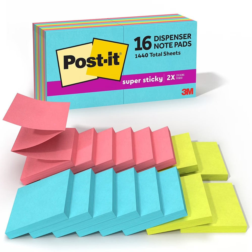 Post-it Super Sticky Pop-up Notes 3 x 3in Supernova Neons Collection 1440 Total Sheets 90 Sheets per Pad - 16pads/1pk