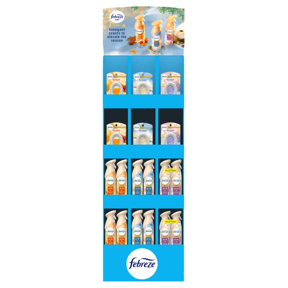 Febreze Air & Bathroom Freshener Display (12x8.1oz Crisp Fall Breeze Air; 12x8.1oz Serene Snowfall Air; 12x8.1oz Cuddle Weather Air; 8x0.25oz Cuddle Weather Bath; 8x0.25oz Crisp Fall Breeze Bath; 8x0.25oz Serene Snowfall Bath) - (0.25-8.1)oz/60pk