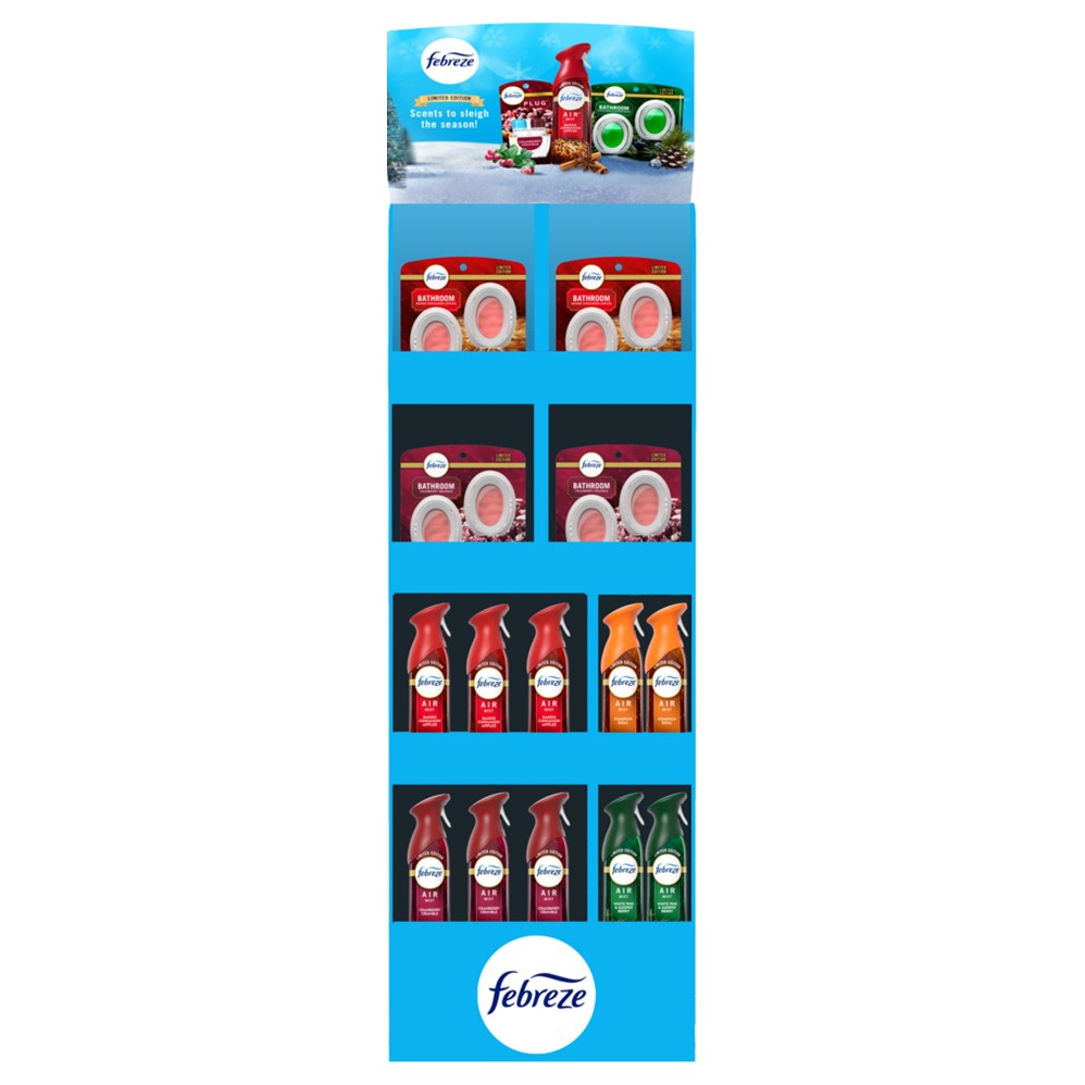 Febreze Air & Bath Freshener Display (4x0.25oz Baked Cinnamon Apple Bath; 4x0.25oz Cranberry Bath; 4x8.1oz Pumpkin Roll Air; 4x8.1oz White Pine Juniper Berry Air; 6x8.1oz Baked Cinnamon Apple Air; 6x8.1oz Cranberry Air) - (0.25-8.1)oz/28pk
