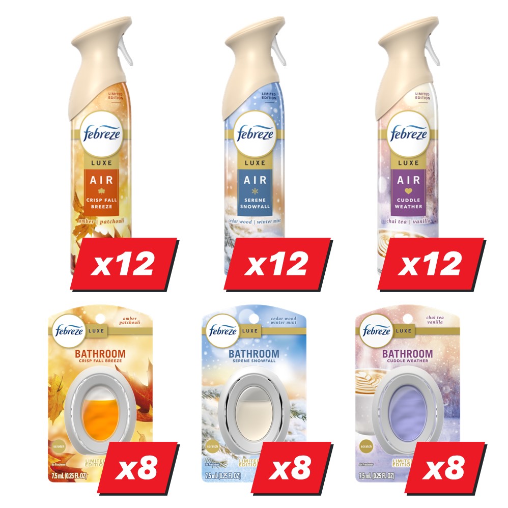 Febreze Air & Bathroom Freshener Display (12x8.1oz Crisp Fall Breeze Air; 12x8.1oz Serene Snowfall Air; 12x8.1oz Cuddle Weather Air; 8x0.25oz Cuddle Weather Bath; 8x0.25oz Crisp Fall Breeze Bath; 8x0.25oz Serene Snowfall Bath) - (0.25-8.1)oz/60pk
