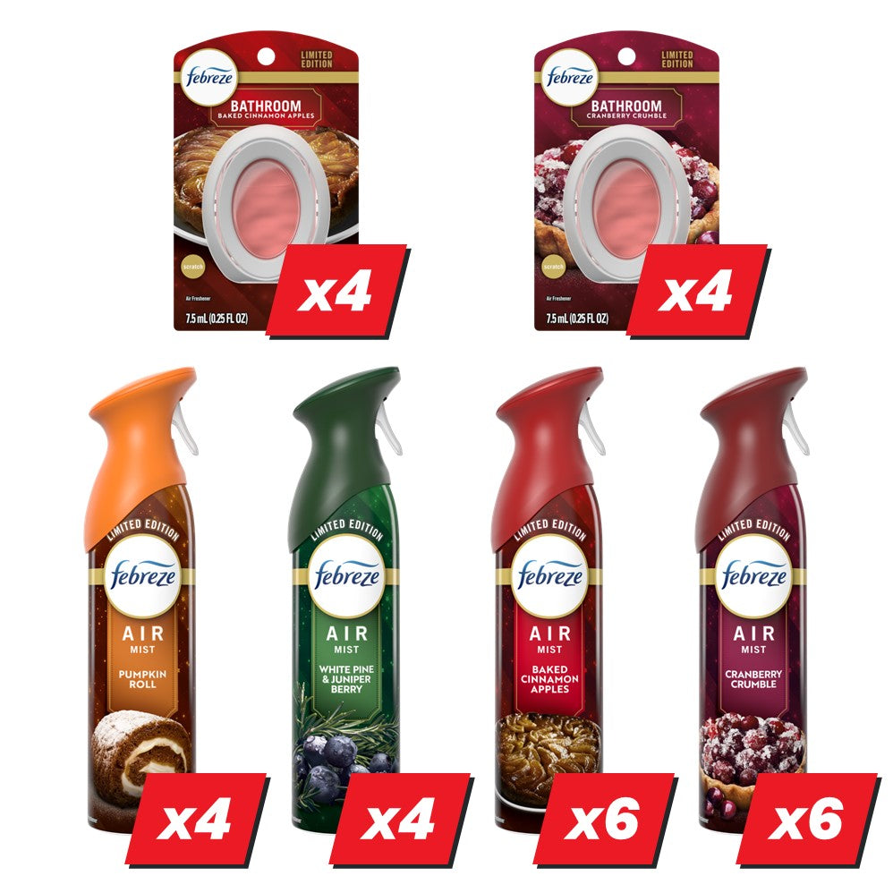 Febreze Air & Bath Freshener Display (4x0.25oz Baked Cinnamon Apple Bath; 4x0.25oz Cranberry Bath; 4x8.1oz Pumpkin Roll Air; 4x8.1oz White Pine Juniper Berry Air; 6x8.1oz Baked Cinnamon Apple Air; 6x8.1oz Cranberry Air) - (0.25-8.1)oz/28pk