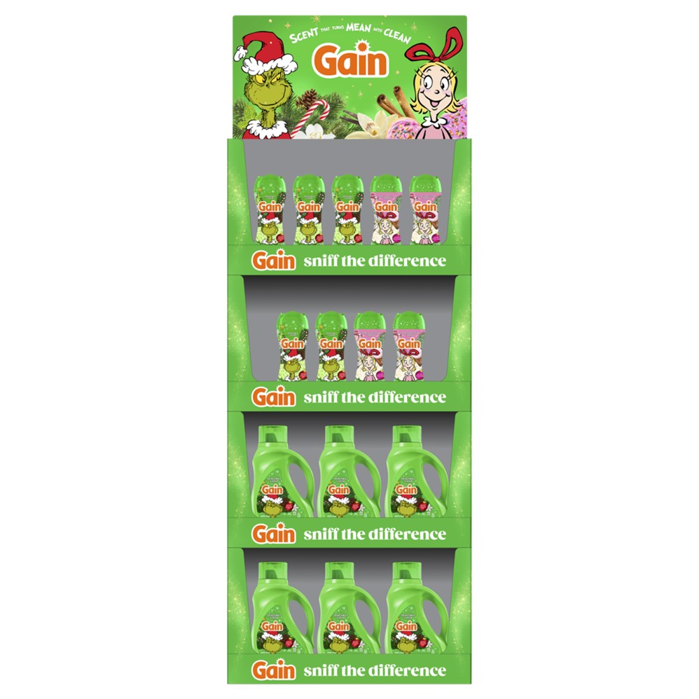Gain Scent Booster Beads & Liquid Laundry Detergent Display (20x5.7oz Grinchmas Cheer Scent Beads; 16x5.7oz Who-Ville Sugar Sparkle Scent Beads; 30x39oz Grinchmas Cheer Scent Liquid) - (5.7-39)oz/66pk