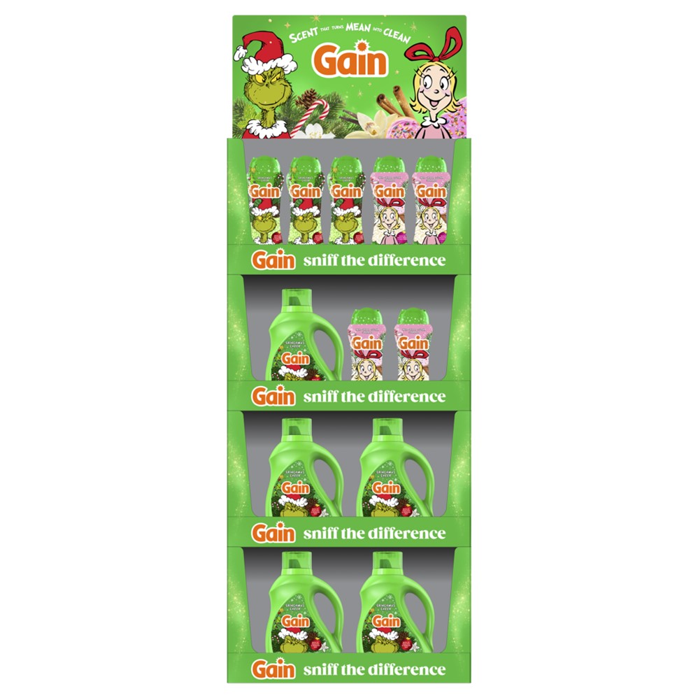Gain Scent Booster Beads & Liquid Laundry Detergent Display (16x12.2oz Grinchmas Cheer Scent; 12x12.2oz Who-Ville Sugar Sparkle Scent; 20x81oz Grinchmas Cheer Scent Liquid) - (12.2-81)oz/48pk