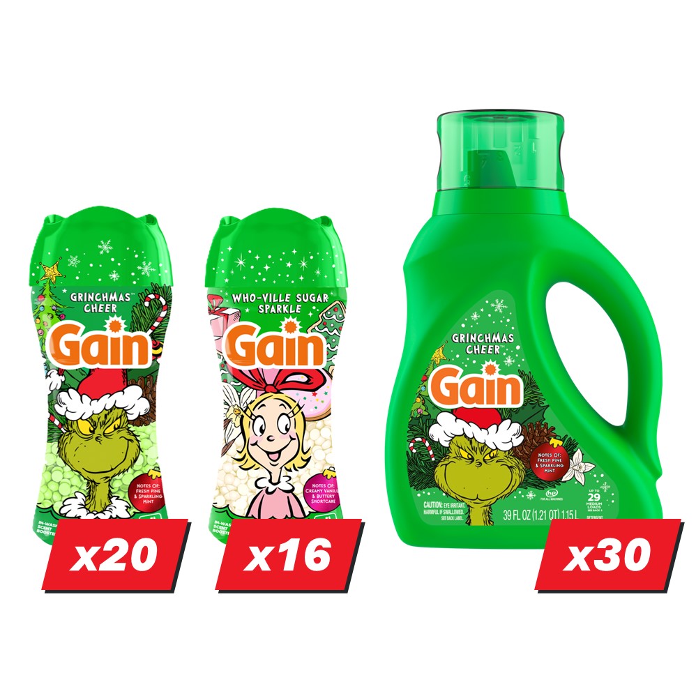 Gain Scent Booster Beads & Liquid Laundry Detergent Display (20x5.7oz Grinchmas Cheer Scent Beads; 16x5.7oz Who-Ville Sugar Sparkle Scent Beads; 30x39oz Grinchmas Cheer Scent Liquid) - (5.7-39)oz/66pk
