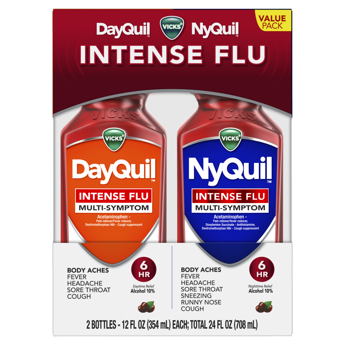 Vicks DayQuil & NyQuil Intense Cherry Flavor Flu Liquid Value Pack for Multi-Symptom Relieves Body Aches Fever Headache Sore Throat and Cough -  (2x12)oz/3pk