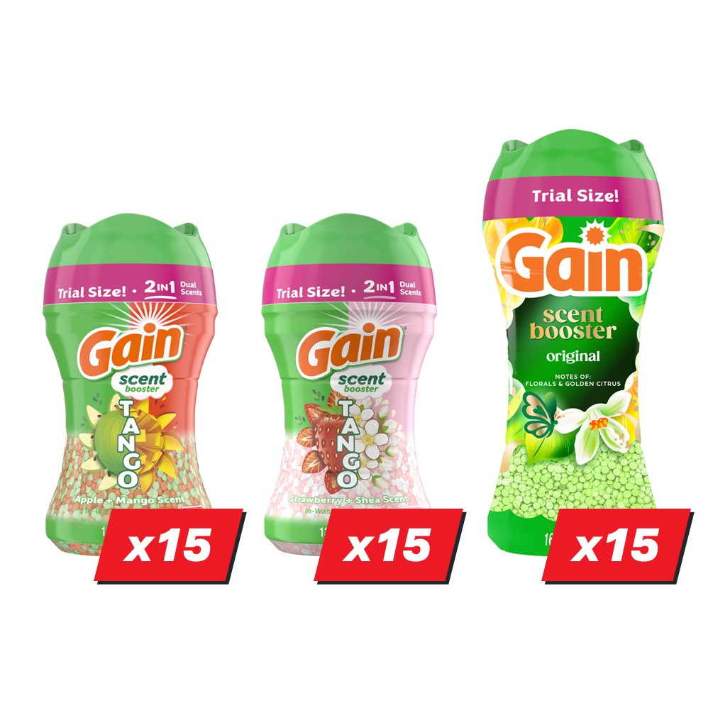Gain Scent Booster Beads Display (15x4.8oz Tango Strawberry and Shea; 15x4.8oz Tango Apple and Mango; 15x5.7oz Fireworks Original) - (4.8-5.7)oz/45pk