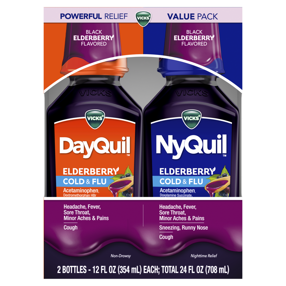 VICKS DayQuil & NyQuil Elderberry Flavor Cold & Flu Liquid Medicine Co-Pack Releaves Headache Fever Sore Throat Minor Aches & Pains Sneezing Runny Nose and Cough - (2x12)oz/6pk