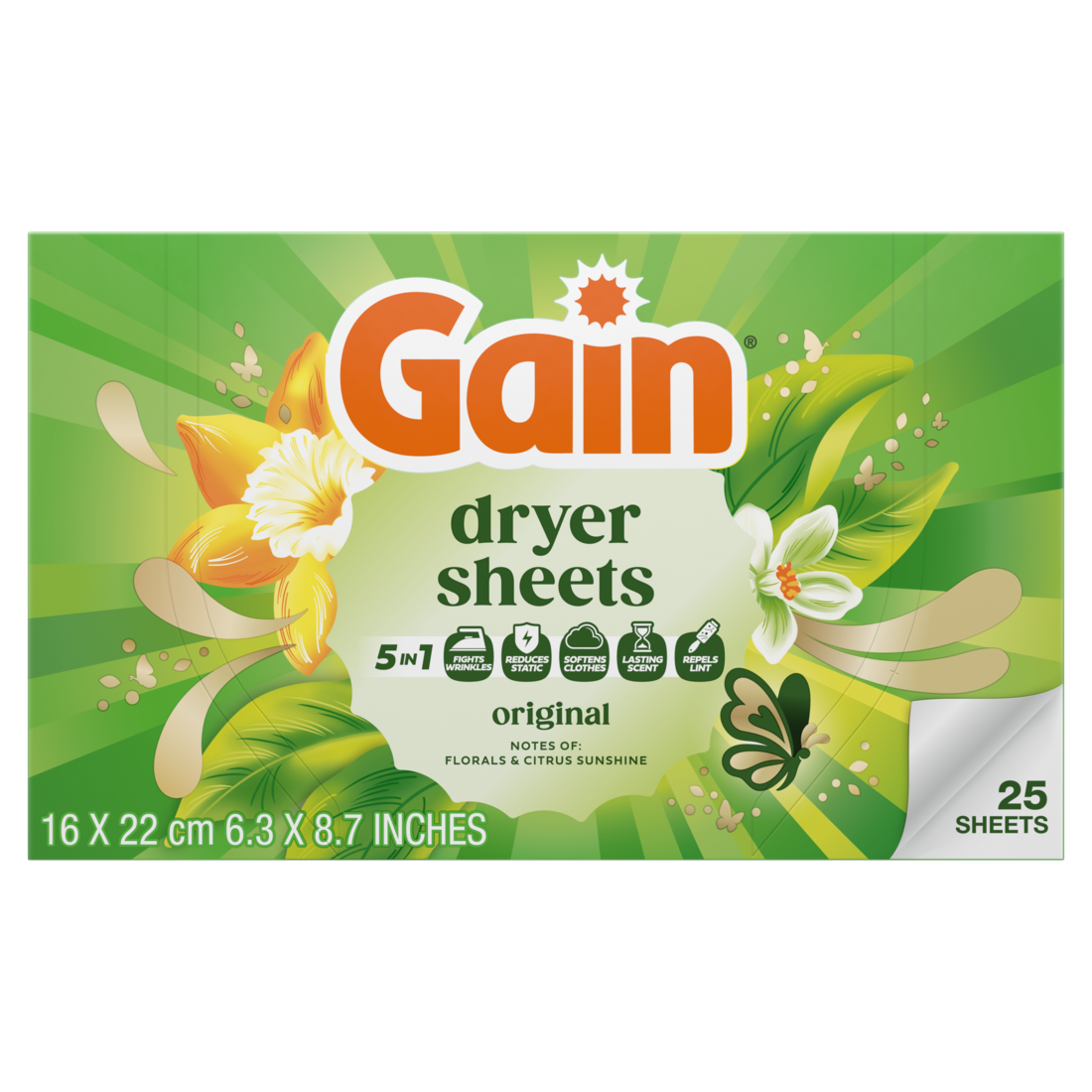 Gain Laundry Dryer Sheets Fabric Softener Anti Static Sheets Original Scent - 25ct/15pk