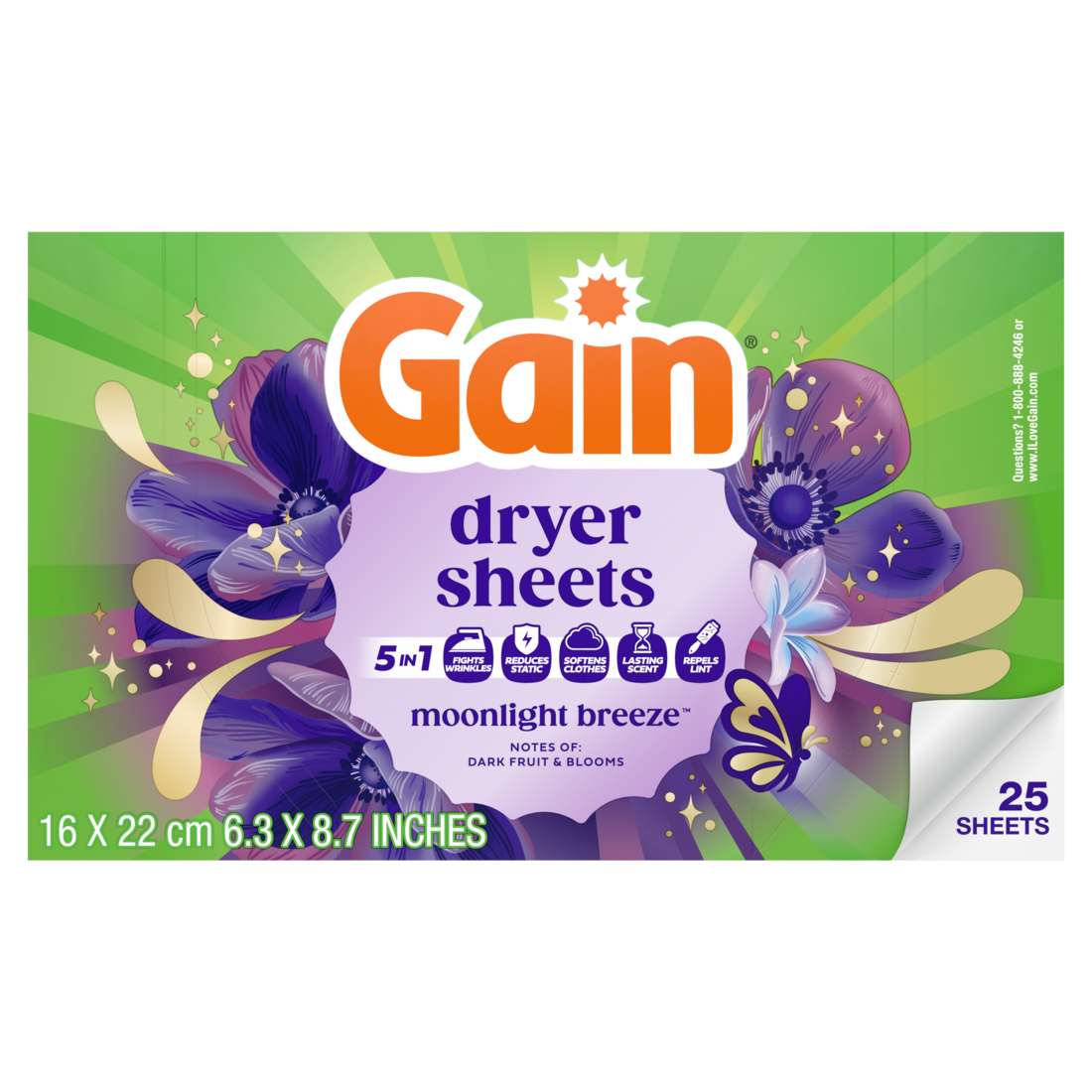 Gain Laundry Dryer Sheets Fabric Softener Anti Static Sheets Moonlight Breeze Scent - 25ct/15pk