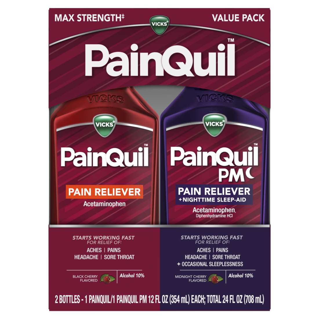 Vicks PainQuil Pain Relief Acetaminophen with 1000mg Max Strength Adult Pain Reliever and Backache Headache Relief 1 Daytime Pain Reliever 1 Nighttime Pain Relief and Sleep Aid - (2x12)oz/3pk