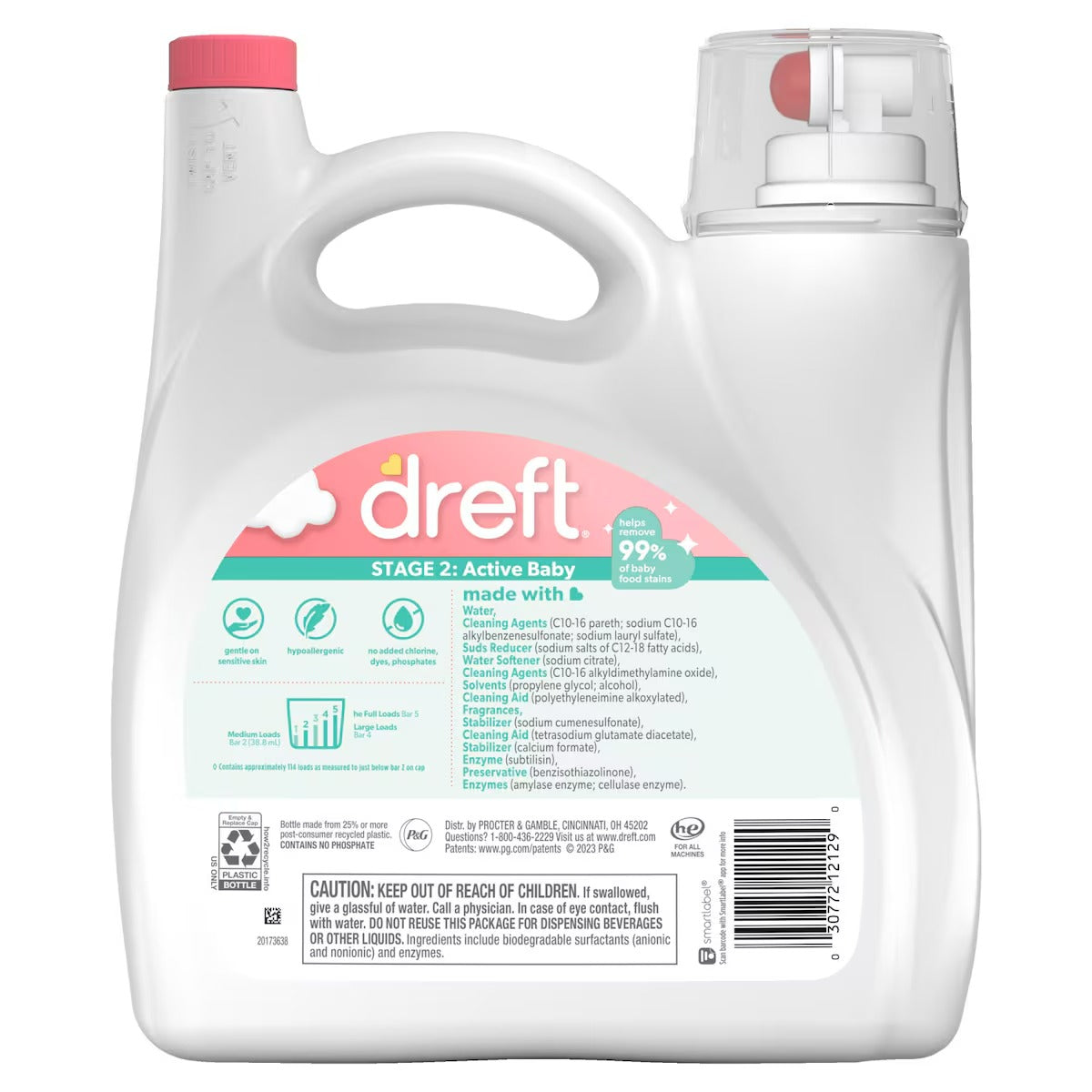 Dreft Stage 2 Active Baby Liquid Laundry Detergent Helps Remove 99% Of Baby Food Stains Hypoallergenic 114 Loads - 150oz/4pk