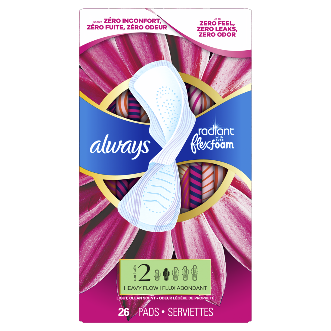 Always Radiant FlexFoam Feminine Pads Size 2 Heavy with Wings Scented - 26ct/6pk