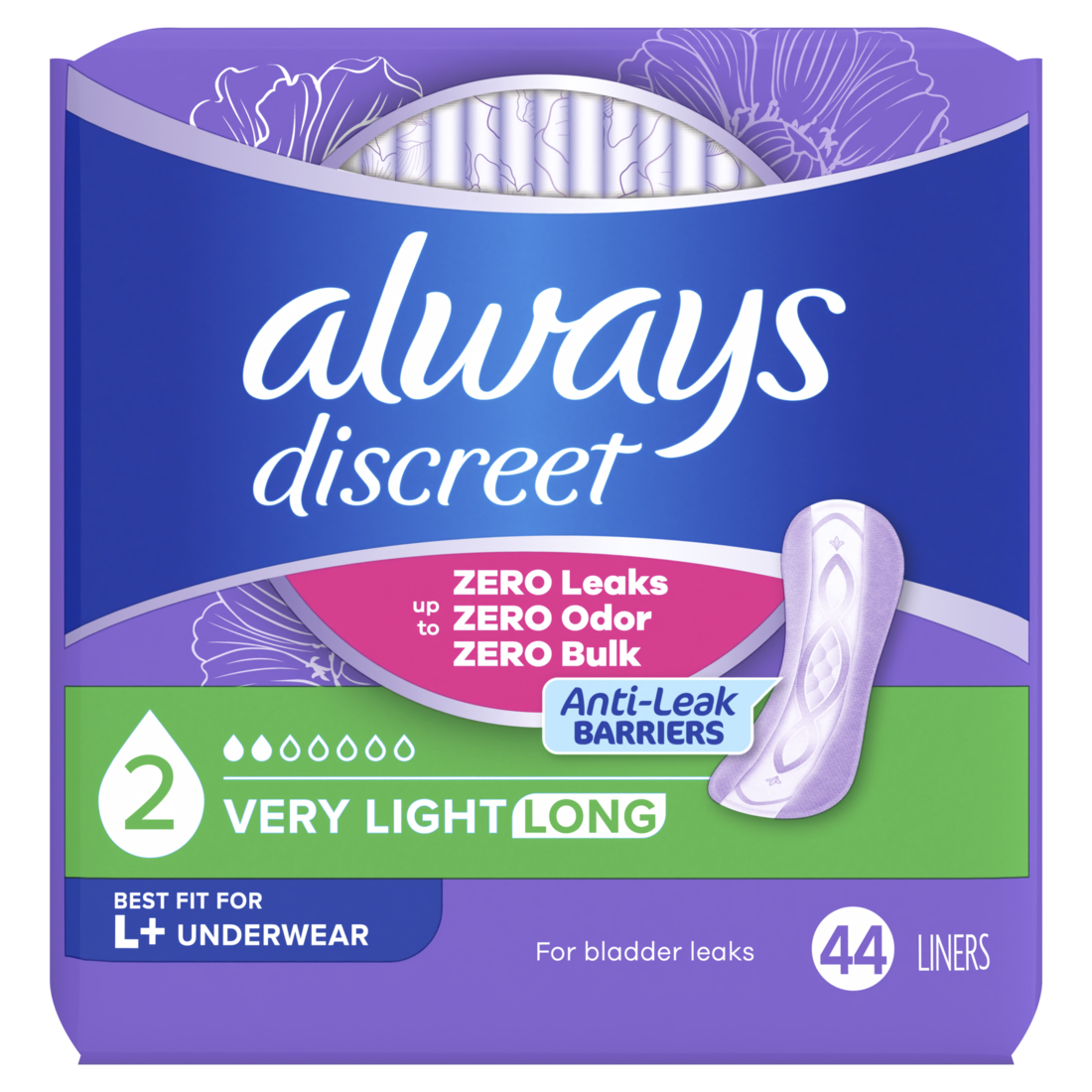 Always Discreet Incontinence Panty Liners for Bladder Leaks Size 2 for Very Light Absorbency and Long Length - 44ct/3pk