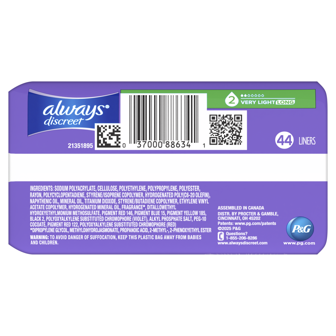 Always Discreet Incontinence Panty Liners for Bladder Leaks Size 2 for Very Light Absorbency and Long Length - 44ct/3pk