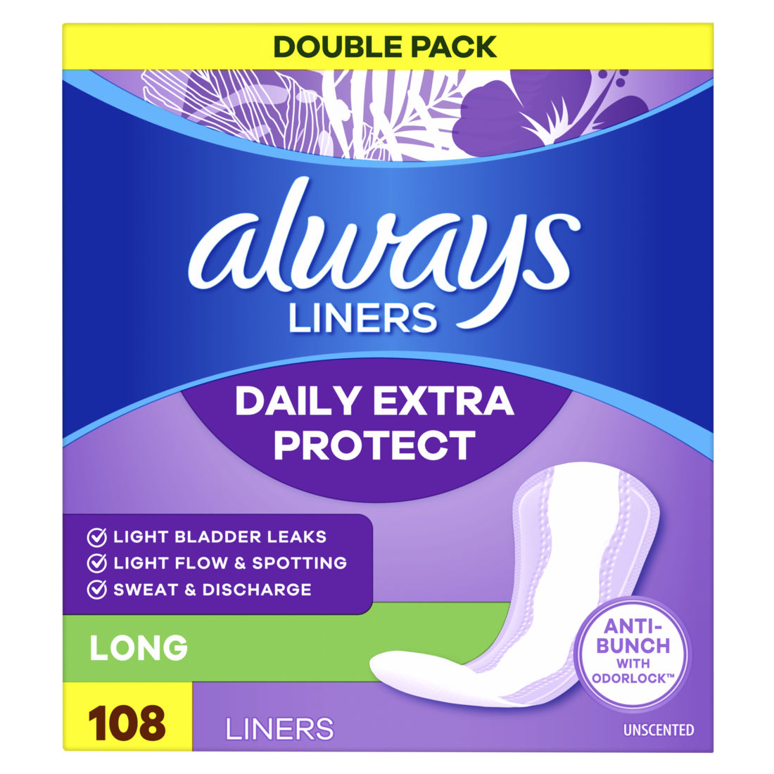 Always Daily Extra Protect Liners with Long Length Length Unscented Panty Liners - 108ct/4pk