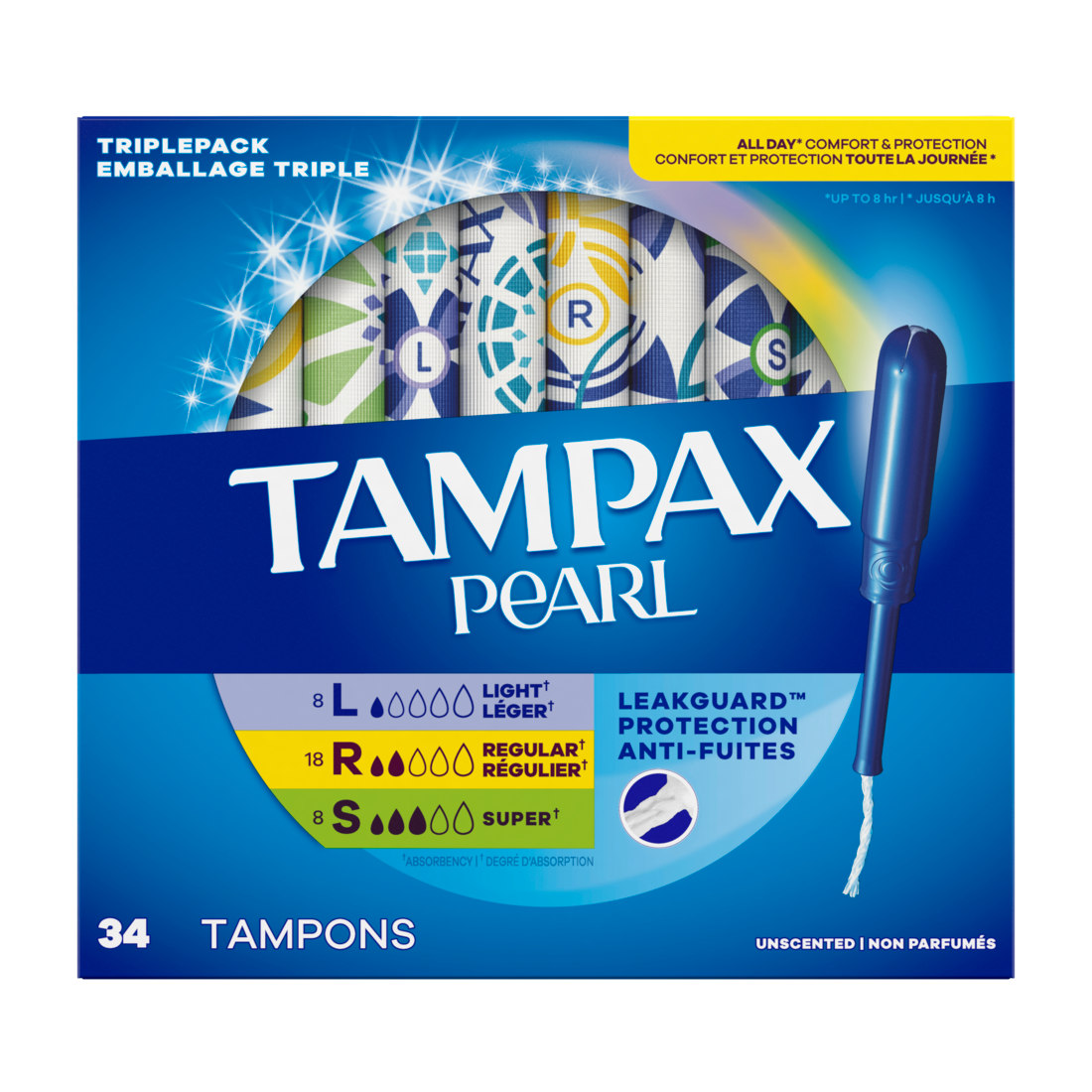 Tampax Pearl Tampons Multipack with LeakGuard Braid for Light/Regular/Super Absorbency Unscented - 34ct/6pk