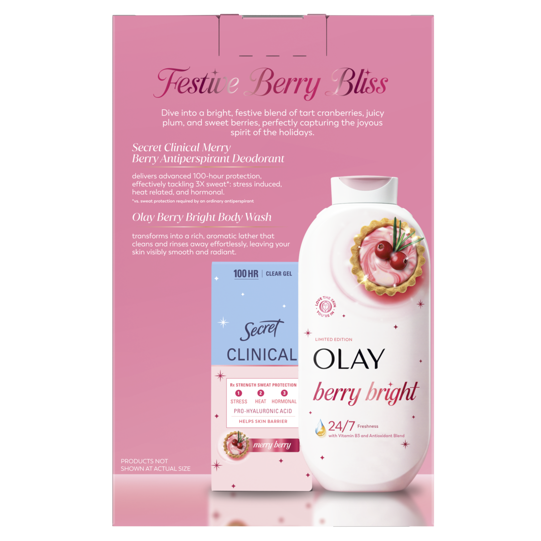 Sweet Escape Holiday Gift Set with 1 Secret Clinical Antiperspirant Deodorant Berry Bright scent (2.6oz) and 1 Olay Body Wash with Berry Bright Limited Edition (22oz) - 1set/2ct/6pk