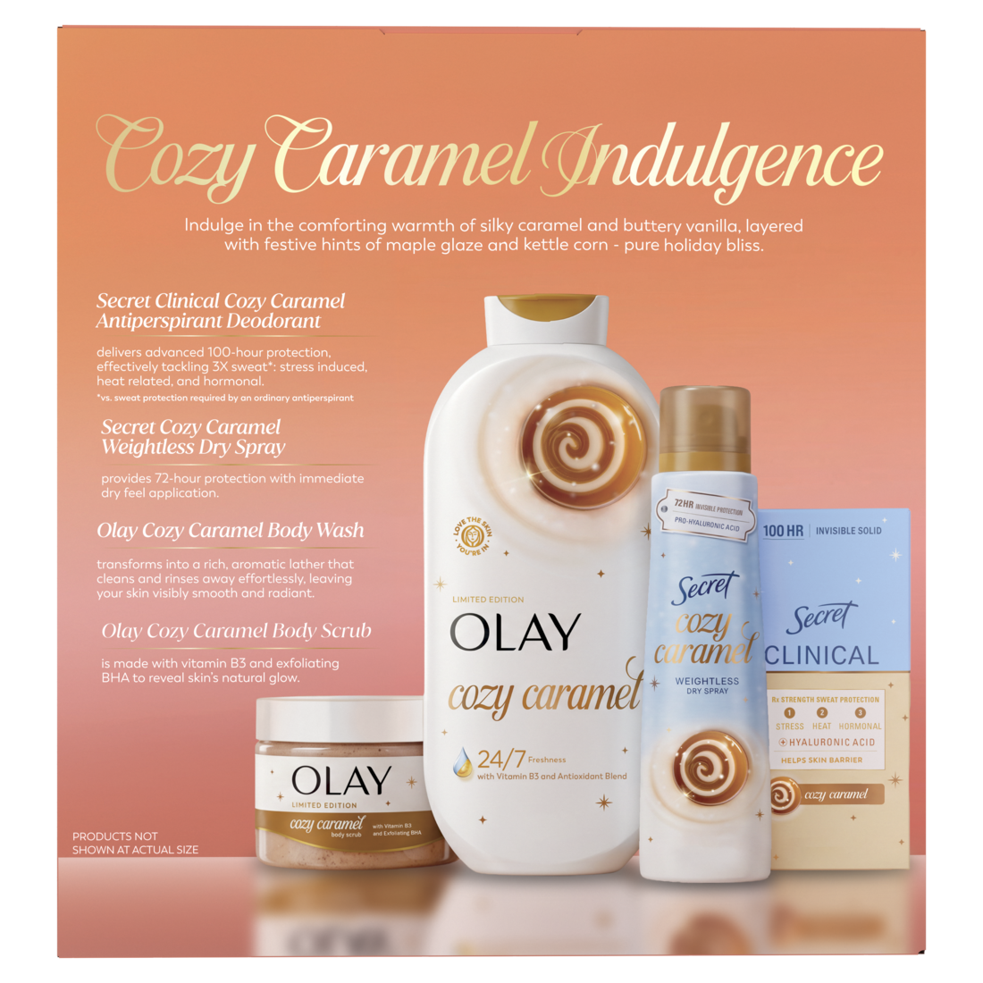 Sweet Escape Holiday Gift Set with 1 Secret Clinical Antiperspirant Deodorant (2.6oz) 1 Secret Dry Spray (4.1oz) 1 Olay Body Wash (22oz) and 1 Olay Scrub (11oz) Cozy Caramel Limited Edition - 1set/4ct/6pk