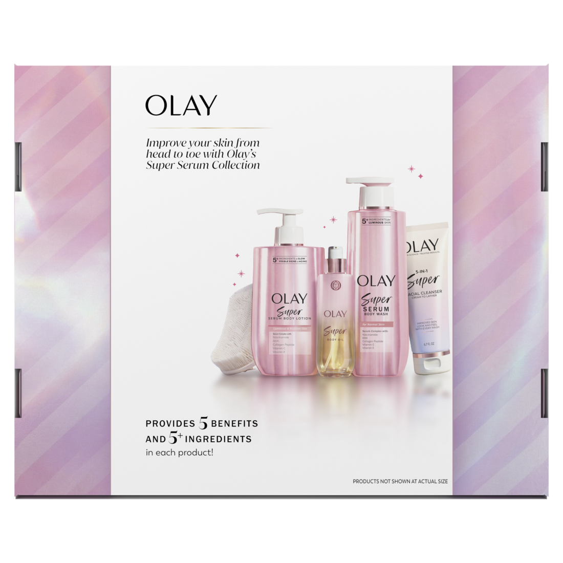 Olay Merry and Bright Limited Edition Gift Pack with 1 Super Serum Body Wash (20oz) 1 Body Oil (4oz) 1 Body Lotion (17oz) and 1 Facial Cleanser (6.7oz) - 1set/4ct/6pk