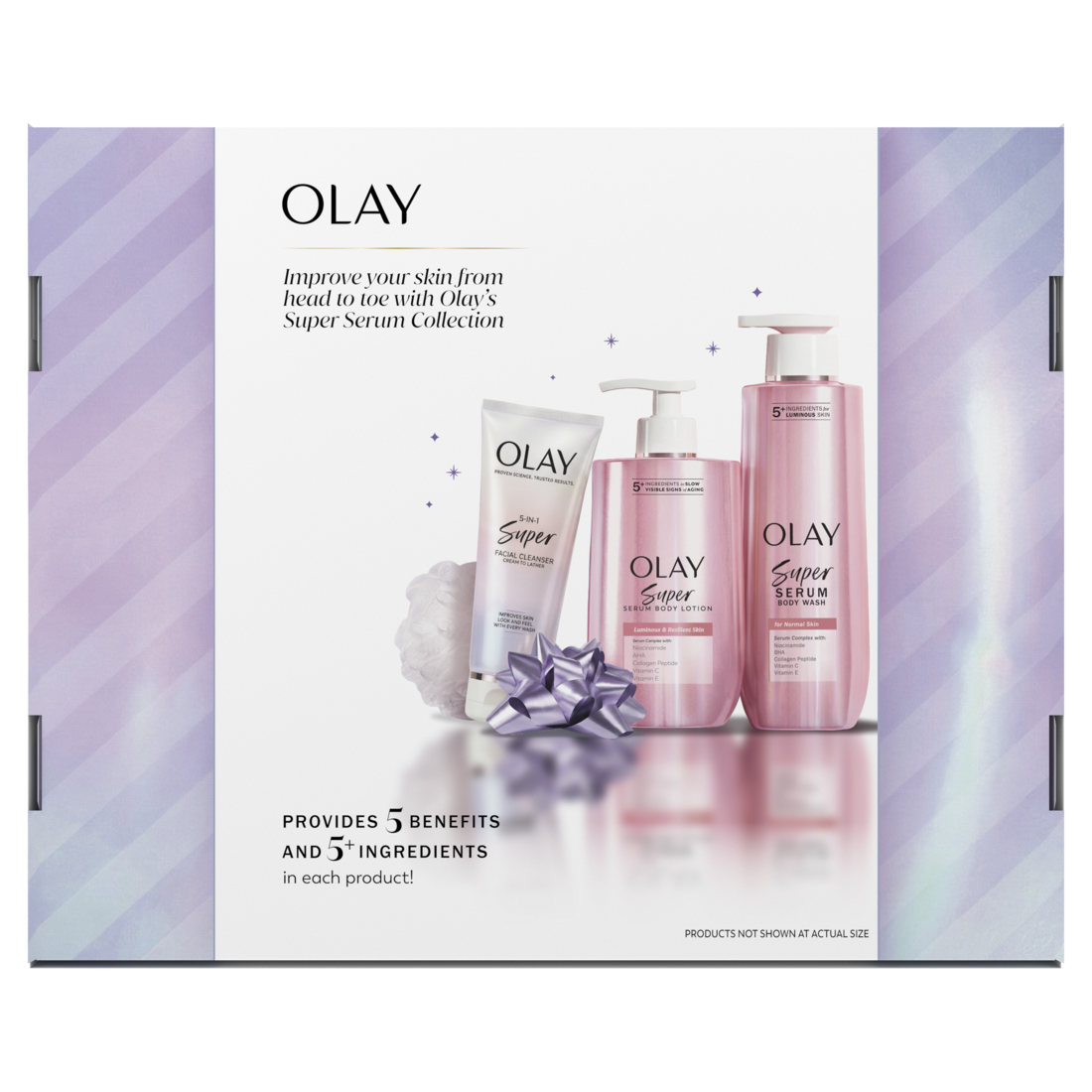Olay Merry and Bright Limited Edition Gift Pack with 1 Super Serum Body Wash (20oz) 1 Body Lotion (17oz) and 1 Facial Cleanser (6.7oz) - 1set/3ct/6pk