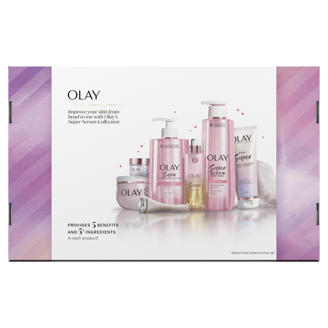 Olay Merry and Bright Limited Edition Gift Pack with 1 Super Serum Body Wash (20oz) 1 Body Lotion (17oz) 1 Body Oil (4oz) 1 Body Cream (10oz) 1 Face Cream (0.5oz) and 1 Facial Cleanser (6.7oz) - 1set/6ct/6pk