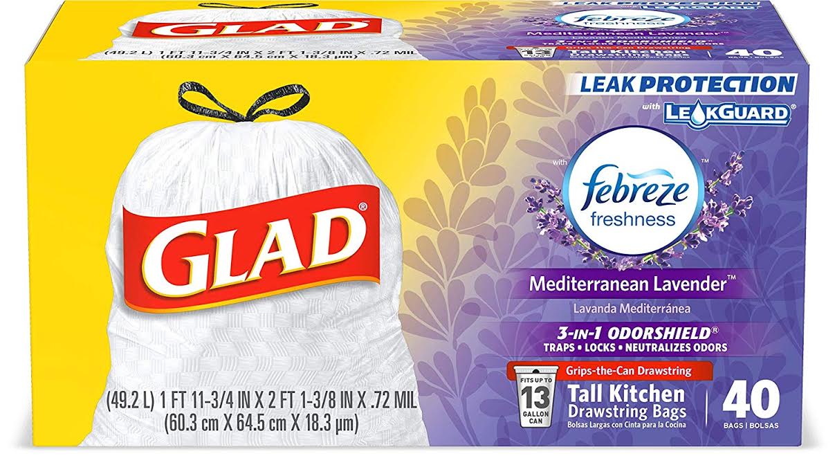 Glad Tall Kitchen Drawstring Lavender Odor Shield 13 gal Trash Bag - 40ct/6pk