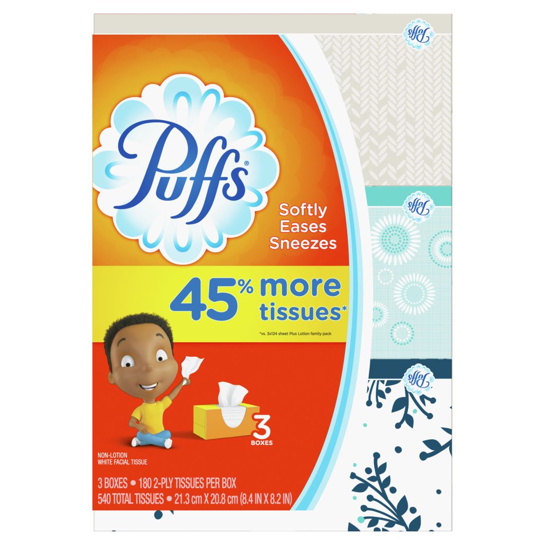 Puffs Everyday Non-Lotion Facial Tissues 3 Family Boxes 180sh - 3ct/8pk