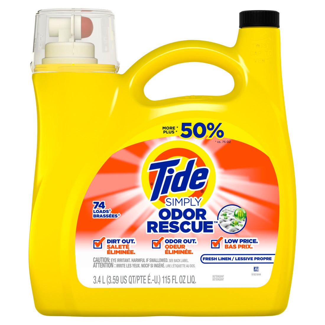 Tide Simply Odor Rescue Liquid Laundry Detergent Fresh Linen 74 Loads - 115oz/4pk