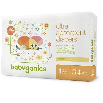 Babyganics Ultra Absorbent Diapers Size 1 Bag - 34ct /4pk