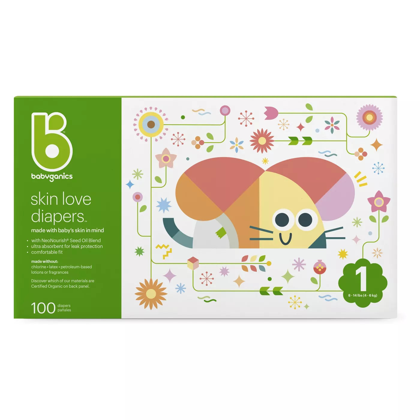 Babyganics Skin Love Diapers Size 1 Box - 100ct/1pk