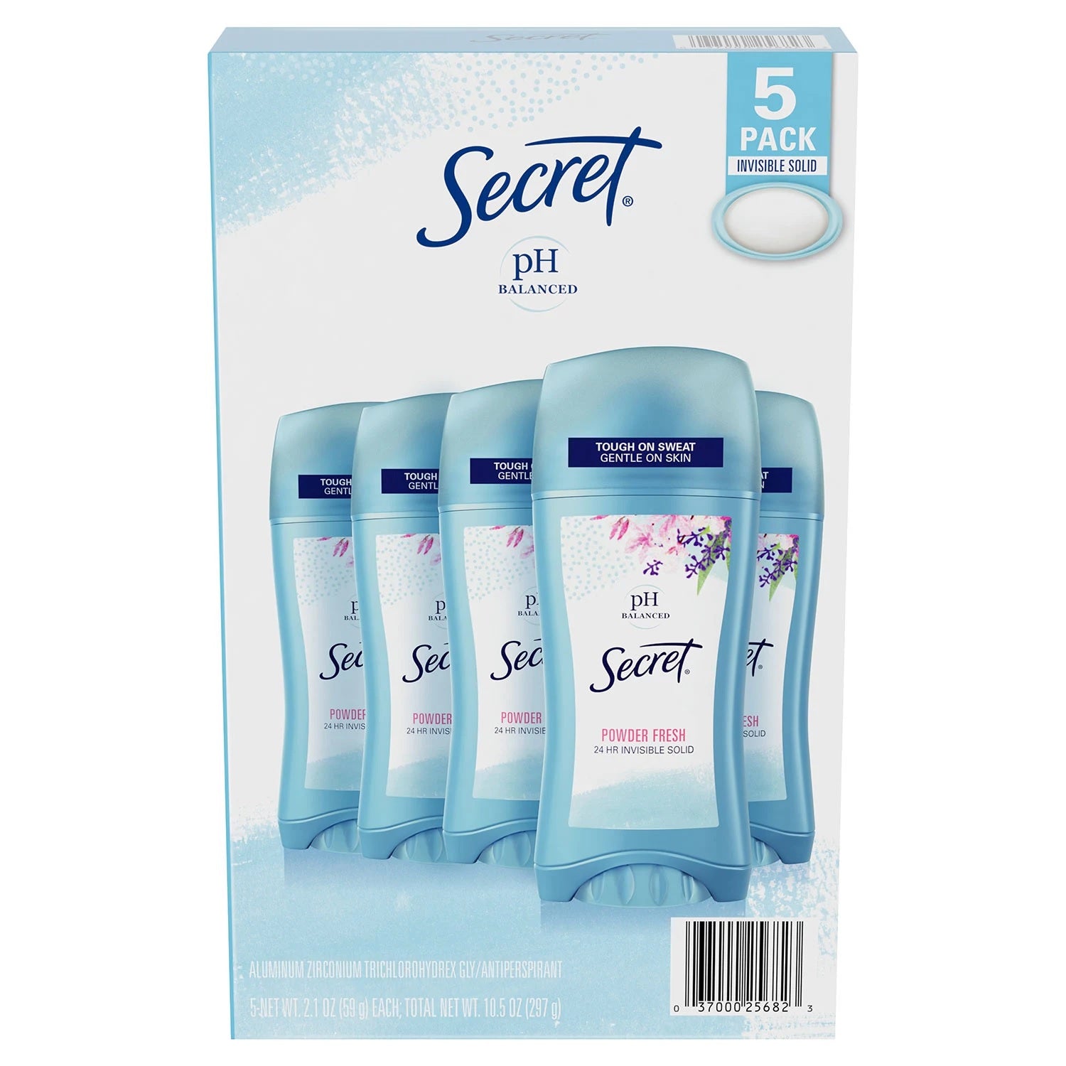 Secret Invisible Solid PH Balanced Antiperspirant and Deodorant, Powder Fresh - 2.1oz/5pk