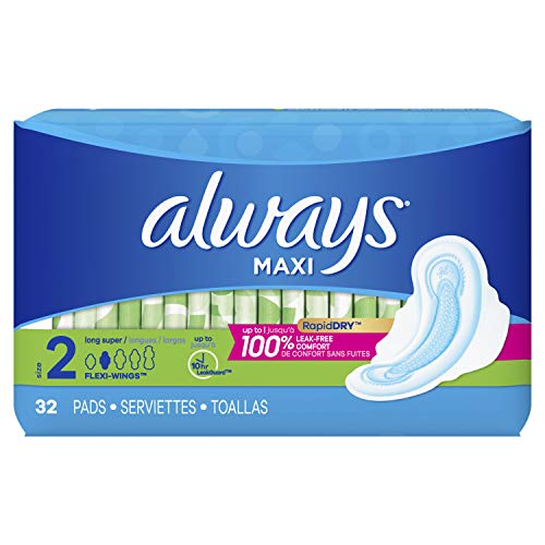 Always Maxi Size 2 Feminine Pads w/ Wings, Long, Super Absorbency  - 32ct/6pk