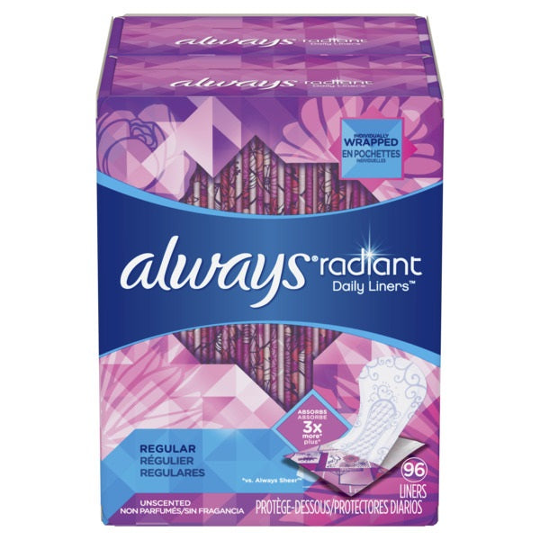Always Radiant Daily Liners Unscented Regular - 96ct/4pk