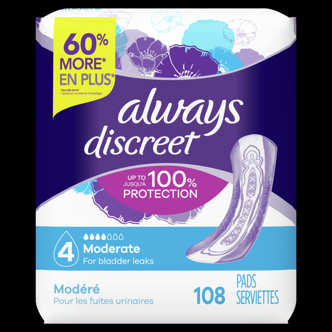 Always Discreet Moderate Absorbency Pads - 108ct/2pk