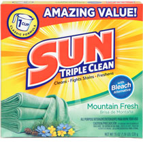 SUN Laundry Detergent POWDER Mountain Fresh w/Bleach 31 loads - 43oz/6pk