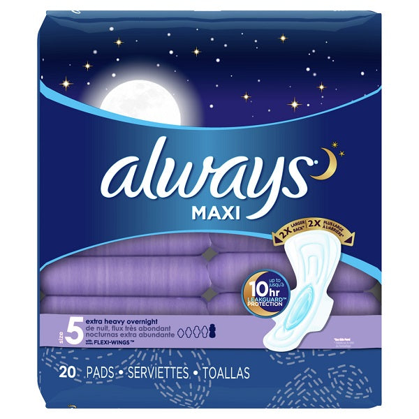 Always Maxi Extra Heavy Overnight Pads w/Wings Unscented Size 5 - 20ct/6pk