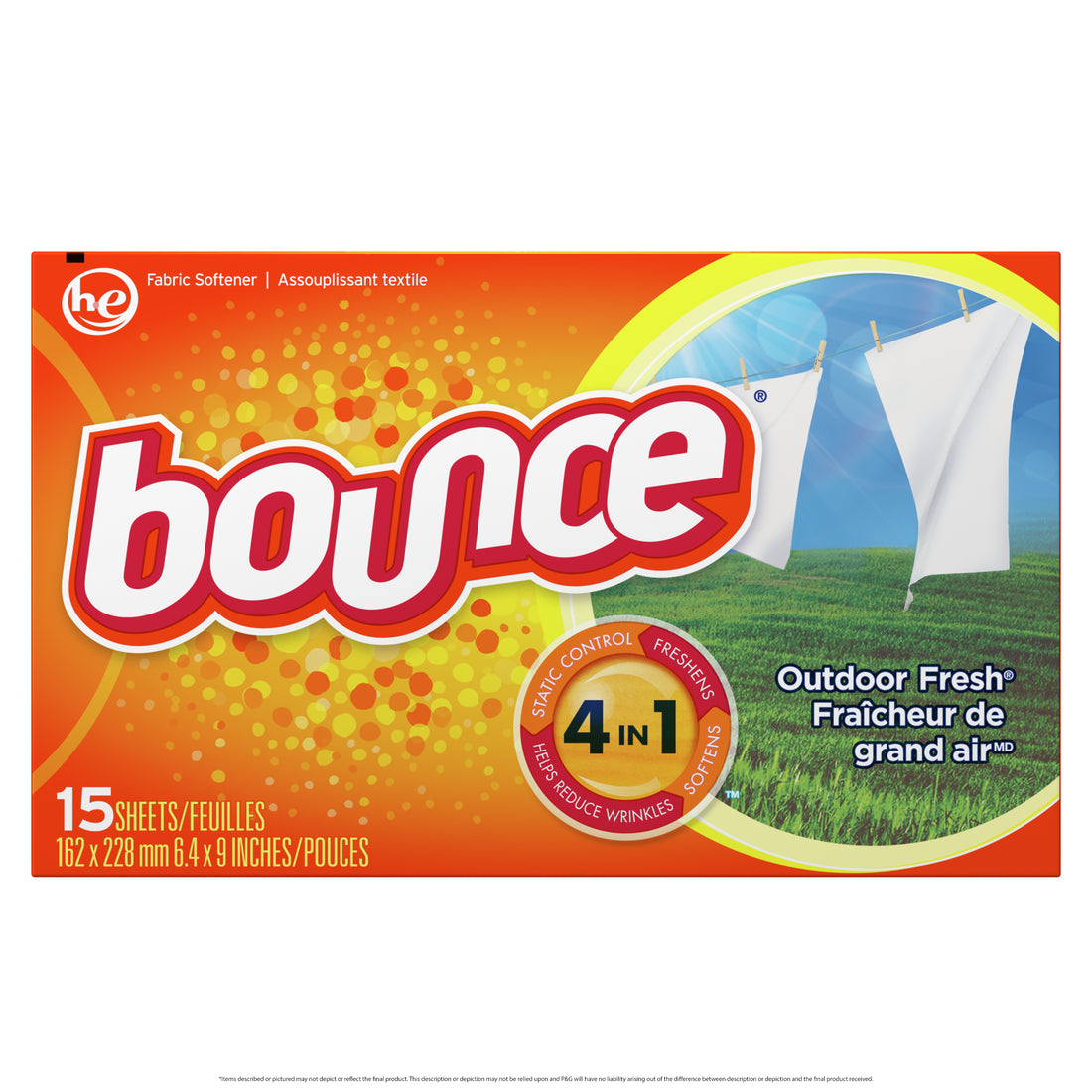 Bounce Dryer Sheets Outdoor Fresh Scent Fabric Softener Sheets Reduces Static Softens And Fights Wrinkles - 15ct/15pk