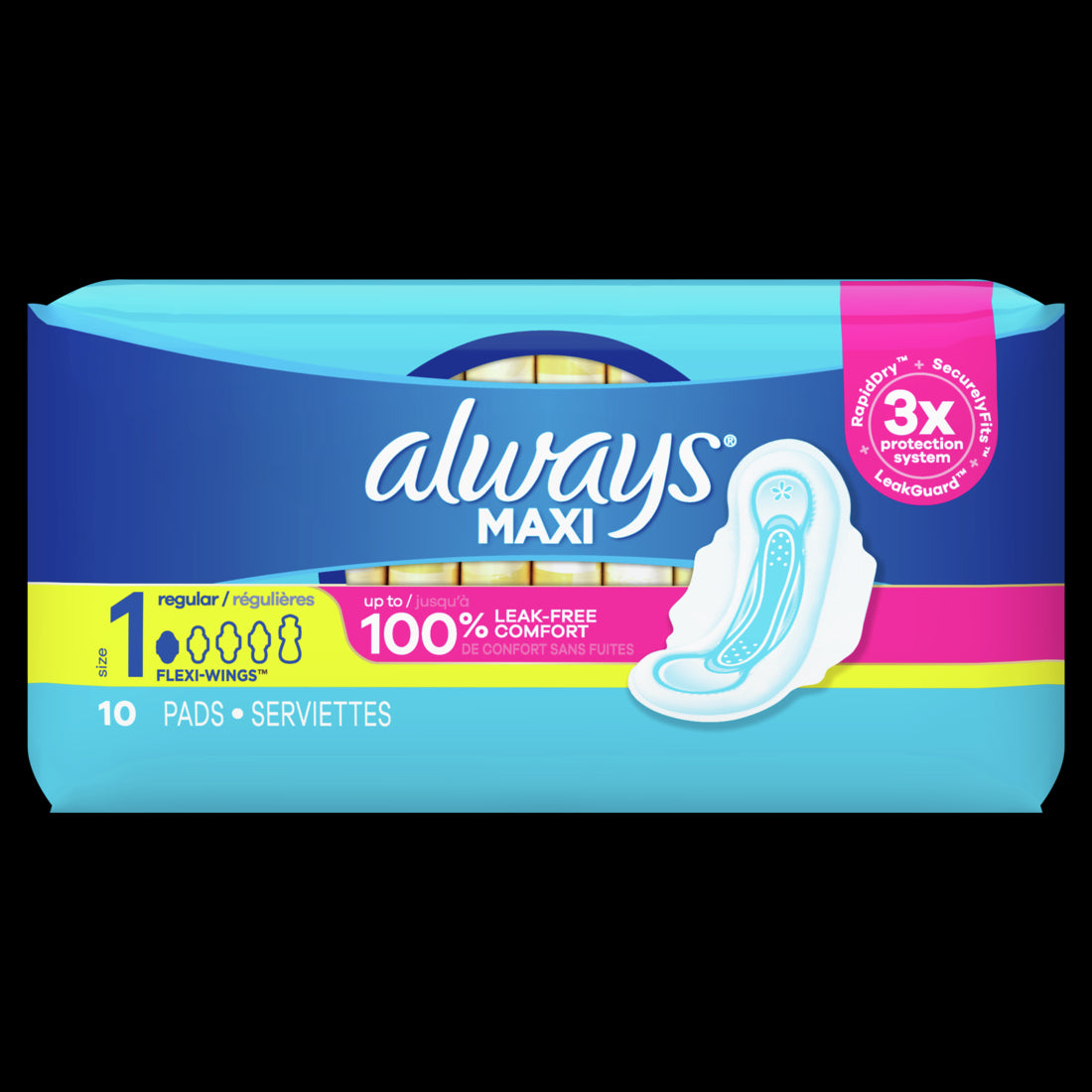 Always Maxi Pads Size 1 Regular Super Absorbency Unscented w/Wings - 10ct/12pk