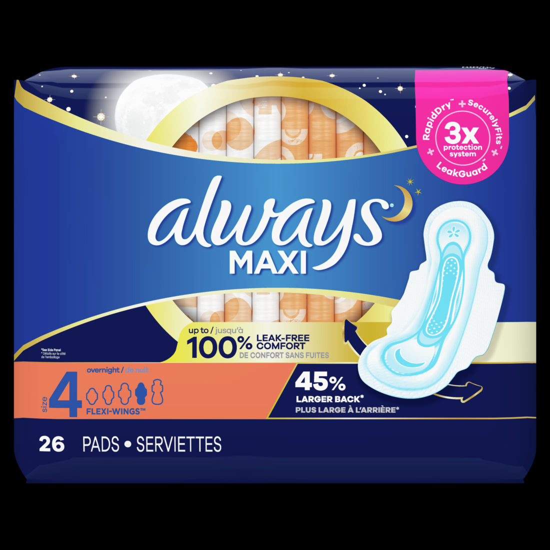 Always Maxi Pads Size 4 Overnight Absorbency Unscented- 26ct/6pk