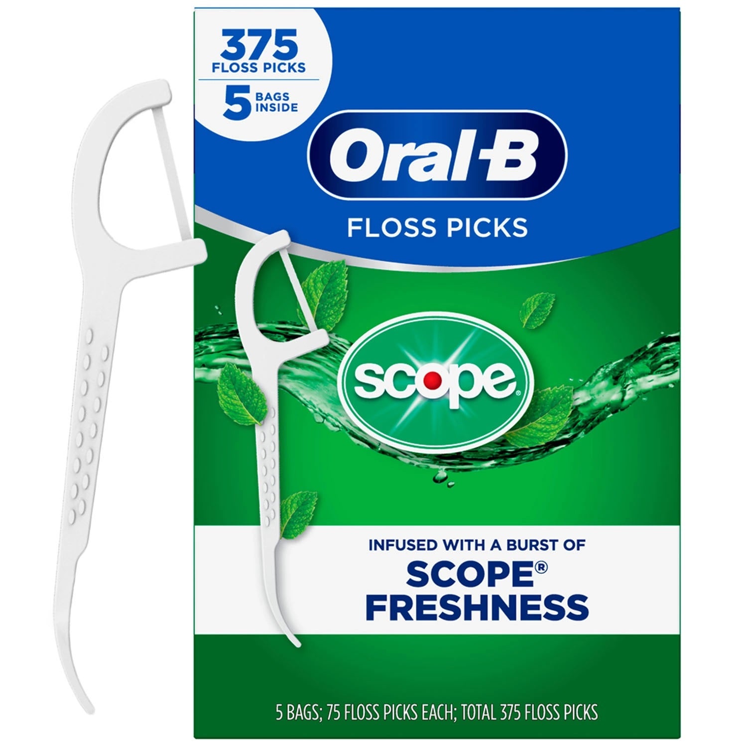 Oral-B Complete Floss Picks, Scope Outlast 5 Bags of 75ct - 375ct/1pk