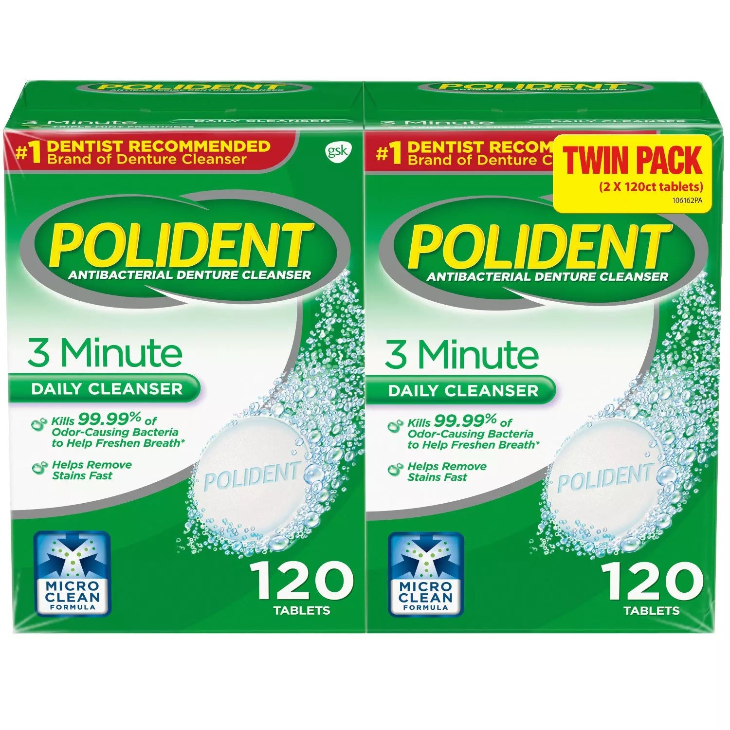 Polident 3-Minute Triple-Mint Antibacterial Denture Cleanser, Effervescent Tablets - 240ct/1pk