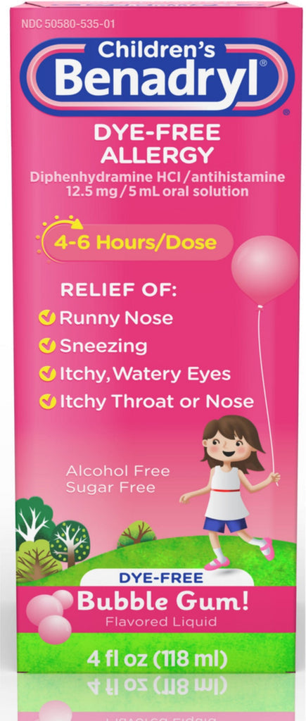 Children's Benadryl Allergy Antihistamine Oral Solution Bubble Gum! Flavored Dye-Free - 4oz/36pk