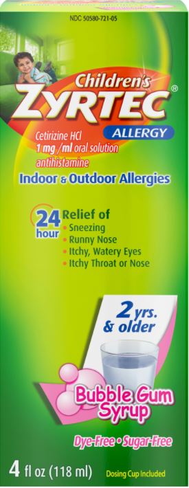 Children's Zyrtec Allergy Antihistamine 24 Hour Relief 2 yrs. & Older 1mg BubbleGum Syrup Dye/Sugar-Free - 4oz/36pk