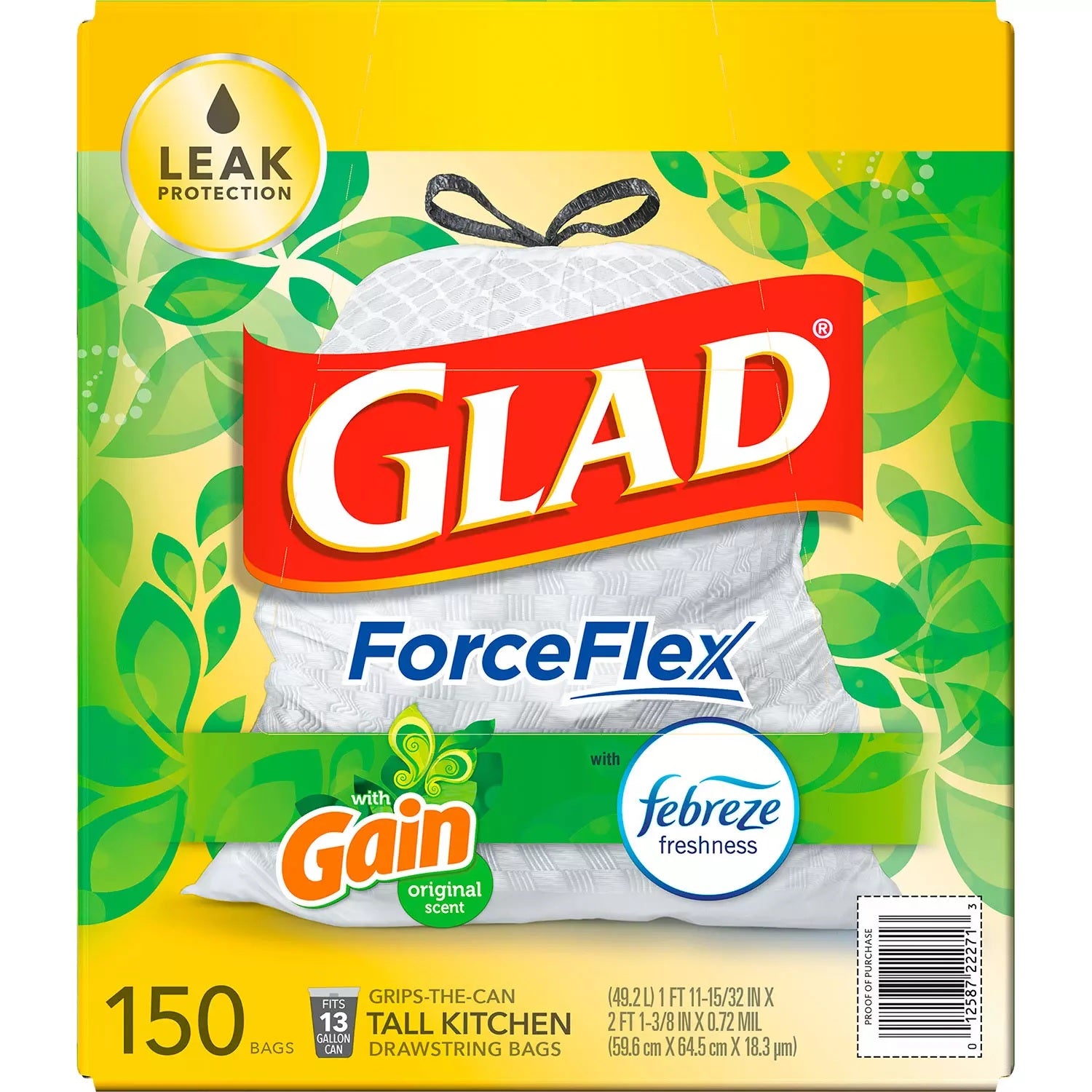 Glad ForceFlex Tall Kitchen Drawstring White Trash Bags, Gain Original Scent with Febreze Freshness 13 Gal - 150ct/1pk