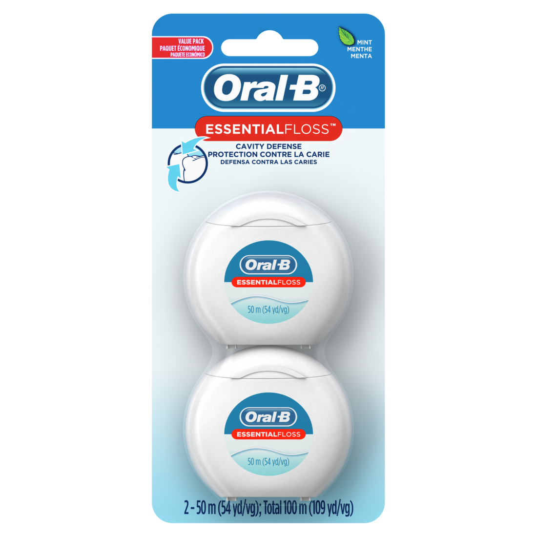 Oral-B EssentialFloss Mint Dental Floss, Cavity Defense, Waxed, Value 2 Pack (50m Each) - 2ct/24pk