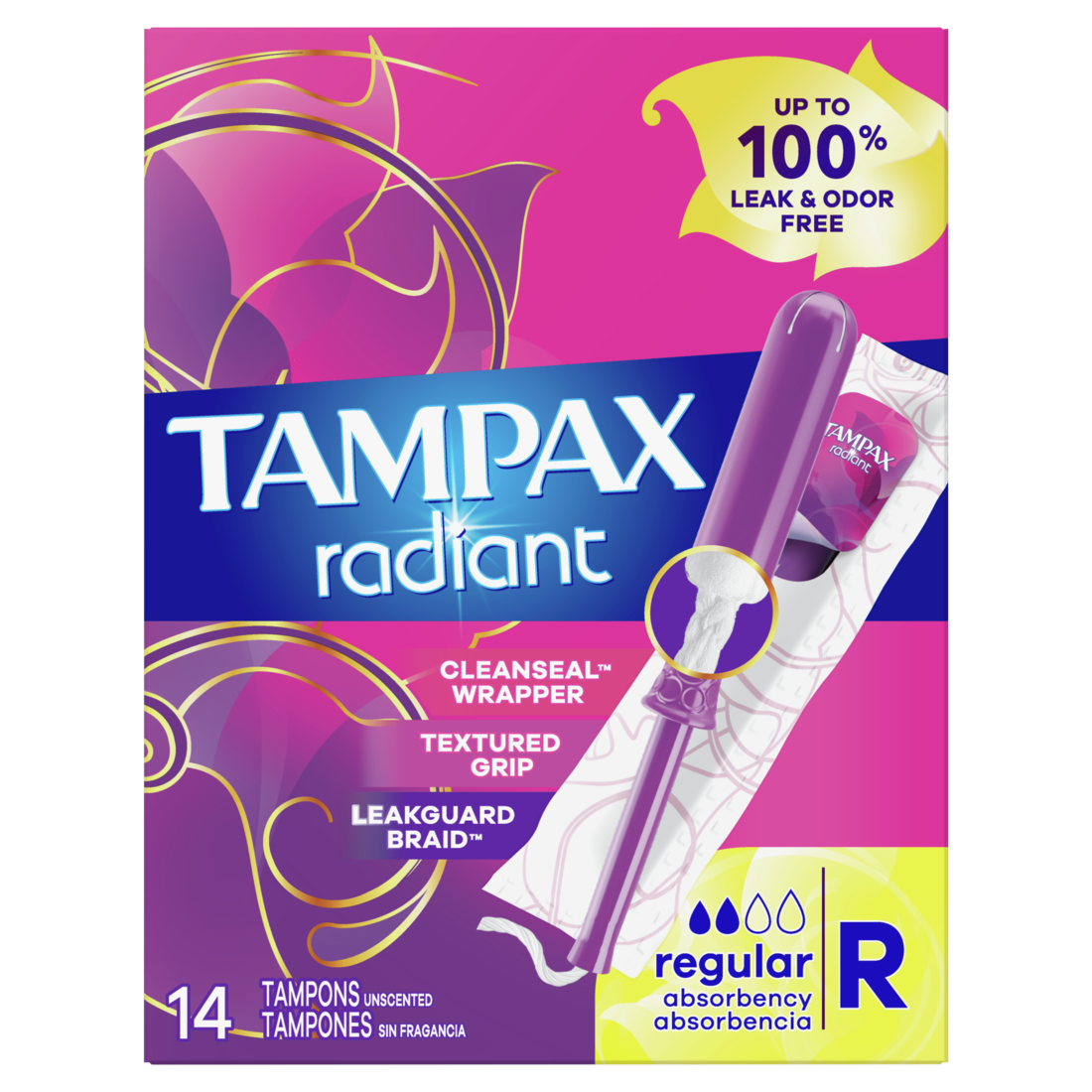 Tampax Radiant Cleanseal Wrapper Leakguard Braid - 14ct/12pk